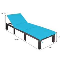 Tangkula Outdoor Rattan Chaise Lounge Chair Adjustable Backrest Recliner With Turquoise Cushions