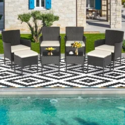 Tangkula 8PCS Outdoor Conversation Furniture Set Patio PE Rattan Sofa Set W/ Tables & Ottoman
