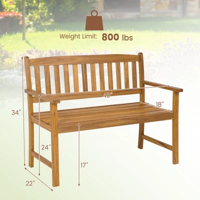 Tangkula 2-Person Outdoor Bench Patio Wooden Bench With Ergonomic Backrest & Armrests All-weather Acacia Wood Frame 43"x 22" 8 Tangkula 2-Person Outdoor Bench Patio Wooden Bench With Ergonomic Backrest & Armrests All-weather Acacia Wood Frame 43"x 22" - Image 8