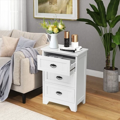 Tangkula End Table Nightstand Bedroom Storage W/ 3 Drawers & Wood Slide White 2 Tangkula End Table Nightstand Bedroom Storage W/ 3 Drawers & Wood Slide White - Image 2