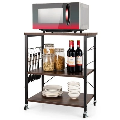 Tangkula Kitchen Baker's Rack 3-Tier Microwave Cart With Wheels&10 Hooks Rustic Brown/Maple/Vintage/Nut Brown 9 Tangkula Kitchen Baker's Rack 3-Tier Microwave Cart With Wheels&10 Hooks Rustic Brown/Maple/Vintage/Nut Brown - Image 9