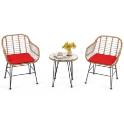 Tangkula 3PCS Patio Rattan Furniture Set With Round Tempered Glass Top Table & 2 Rattan Armchairs White/Turquoise/Red -Tangkula Shop GUEST 292f6d42 e97f 42d6 9ad6 63576e256fc7