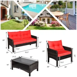 Tangkula 4 Piece Patio Conversation Set Rattan Wicker Loveseat Sofa Coffee Table & Glass Top Red/Turquoise Cushions