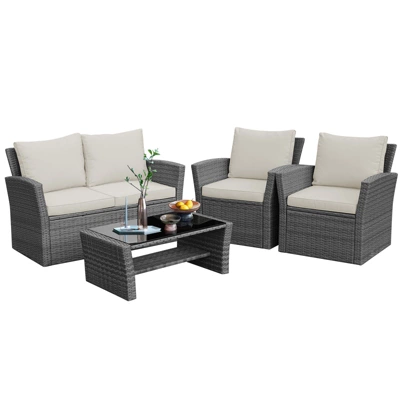 Tangkula 4-Piece Rattan Wicker Patio Outdoor Furniture Sofa Set With Cushions & Tempered Glass Table 12 Tangkula 4-Piece Rattan Wicker Patio Outdoor Furniture Sofa Set With Cushions & Tempered Glass Table - Image 12