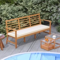 Tangkula 64" Acacia Wood 3-Seat Patio Bench with Off-White Cushion