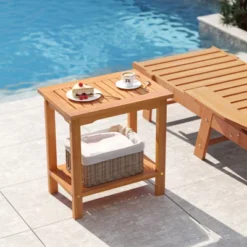 Tangkula 2-Tier Outdoor Acacia Wood Side Table with Slatted Storage Shelf