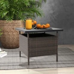Tangkula Outdoor Rattan Coffee Table with 2" Umbrella Hole - Wicker Side Table