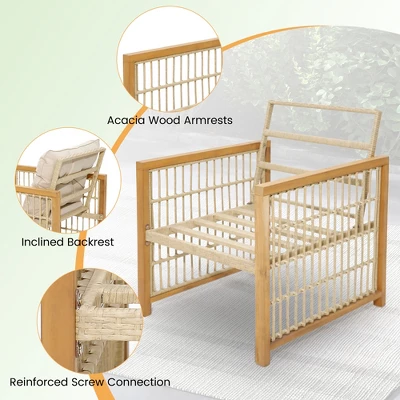 Tangkula 3PCS Patio Acacia Wood PE Wicker Furniture Set W/ Soft Seat & Back Cushions 7 Tangkula 3PCS Patio Acacia Wood PE Wicker Furniture Set W/ Soft Seat & Back Cushions - Image 7
