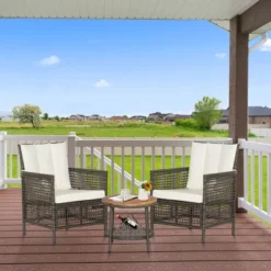 Tangkula 3-Piece Patio Wicker Bistro Set with Cushions & Storage Coffee Table