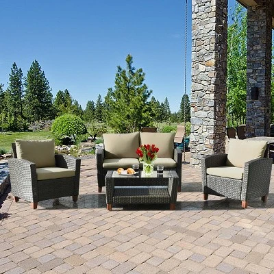 Tangkula 4PCS Cushioned Rattan Conversation Set W/ Coffee Table Patio Outdoor 1 Tangkula 4PCS Cushioned Rattan Conversation Set W/ Coffee Table Patio Outdoor