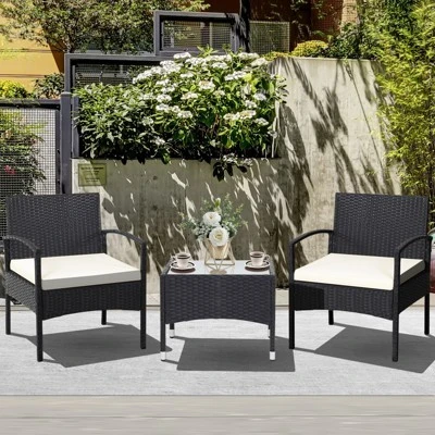 Tangkula 3PCS Wicker Rattan Furniture Patio Coffee Table Chair W/ Washable Cushion 2 Tangkula 3PCS Wicker Rattan Furniture Patio Coffee Table Chair W/ Washable Cushion - Image 2