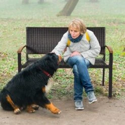 Tangkula Weather-Resistant Rattan Garden Bench with Acacia Wood Armrests