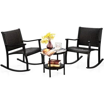 Tangkula 3-Piece Outdoor Wicker Rocking Bistro Set with Coffee Table 4 Tangkula 3-Piece Outdoor Wicker Rocking Bistro Set with Coffee Table - Image 4