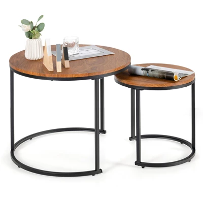 Tangkula 2PCS Stacking Metal Legs Modern Side Round Nesting Coffee Table W/ Wooden Tabletop For Living Room Rustic Brown/Brown 6 Tangkula 2PCS Stacking Metal Legs Modern Side Round Nesting Coffee Table W/ Wooden Tabletop For Living Room Rustic Brown/Brown - Image 6