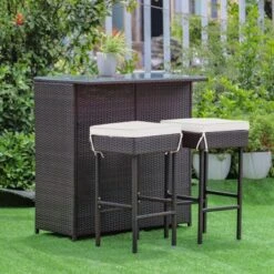 Tangkula 3PCS Patio Wicker Rattan Bar Set Table W/2 White Cushioned Stools -Tangkula Shop GUEST 2bdf0684 8b45 4f58 9126 1d6b117e91a9