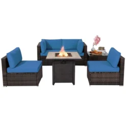 Tangkula 6 PCS Patio Wicker Furniture Set With 30" Gas Fire Pit Table 50,000 BTU Black/Red/Turquoise/Navy/White Cushions -Tangkula Shop GUEST 2c27aecc f3df 4b4d b87e cbee857d5d76