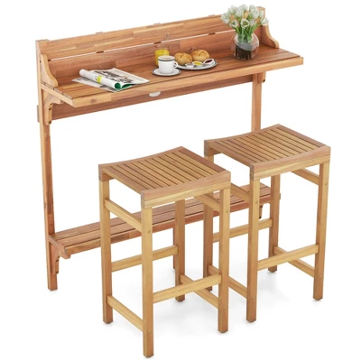 Tangkula 6-Piece Acacia Wood Balcony Bar Set with 2-Tier Table & 4 Curved Stools 9 Tangkula 6-Piece Acacia Wood Balcony Bar Set with 2-Tier Table & 4 Curved Stools - Image 9