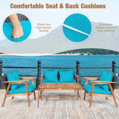Tangkula 4-Piece Outdoor Rattan Conversation Set with Acacia Wood Frame 3 Tangkula 4-Piece Outdoor Rattan Conversation Set with Acacia Wood Frame - Image 3