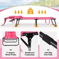 Tangkula Beach Chaise Lounge Chair W/ 5-Position Adjustable Backrest & Face Hole Pillows Pink