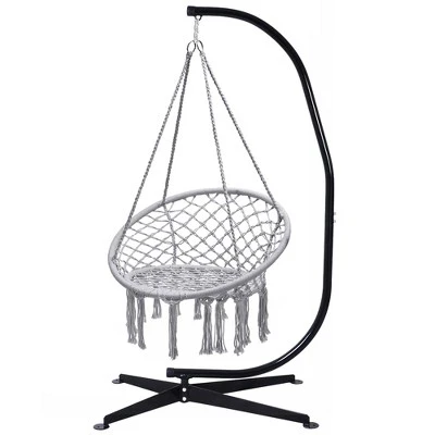 Tangkula Hammock Chair Hanging Cotton Rope Macrame Swing Chair W/ Stand Gray 10 Tangkula Hammock Chair Hanging Cotton Rope Macrame Swing Chair W/ Stand Gray - Image 10
