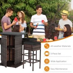 Tangkula 5PCS Patio Rattan Bar Table Stool Set Hidden Storage Shelf Cushion Red Patio Black -Tangkula Shop GUEST 2e0513c7 a00d 4454 b19a e69736b49b09