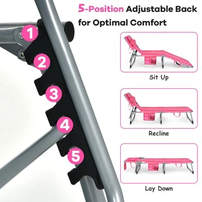 Tangkula Lounge Chair Beach Chair W/ Face Arm Hole Detachable Pillow Adjustable Backrest Side Pocket Outdoor Folding Chaise Sunbathing Chair Hot Pink 5 Tangkula Lounge Chair Beach Chair W/ Face Arm Hole Detachable Pillow Adjustable Backrest Side Pocket Outdoor Folding Chaise Sunbathing Chair Hot Pink - Image 5