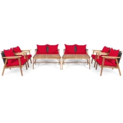 Tangkula 8PCS Patio Rattan Furniture Set Wood Frame Cushioned Sofa With Coffee Table Sectional Conversation Sofa Set For Garden Turquoise/Navy/Brown/Red -Tangkula Shop GUEST 2e56c8d0 2667 4264 9c9d a989c7f2ff1a