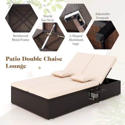 Tangkula Patio Double Chaise Lounge 6 Position Adjustable Wicker Recliner Bed With Cushions & Folding Side Trays 7 Tangkula Patio Double Chaise Lounge 6 Position Adjustable Wicker Recliner Bed With Cushions & Folding Side Trays - Image 7