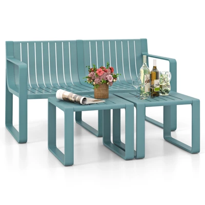 Tangkula 3 PCS Patio Furniture Set W/1 Loveseat & 2 Side Tables All-Weather Bistro Set Blue 10 Tangkula 3 PCS Patio Furniture Set W/1 Loveseat & 2 Side Tables All-Weather Bistro Set Blue - Image 10