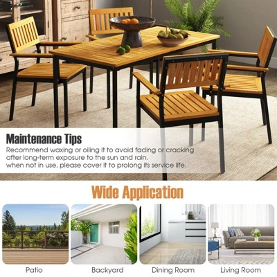 Tangkula 55” Patio Dining Table 6 People Acacia Wood Dining Table With Slatted Tabletop U-shaped Frame Adjustable Foot Pads 4 Tangkula 55” Patio Dining Table 6 People Acacia Wood Dining Table With Slatted Tabletop U-shaped Frame Adjustable Foot Pads - Image 4