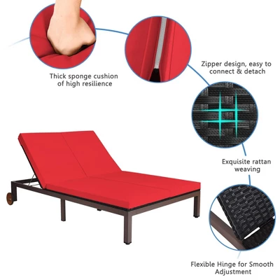 Tangkula Adjustable Patio Rattan 2 Person Recliner Lounge Chair W/ Red Cushion Wheel 9 Tangkula Adjustable Patio Rattan 2 Person Recliner Lounge Chair W/ Red Cushion Wheel - Image 9