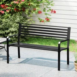 Tangkula 50" Outdoor Metal Park Bench For 2-3 People W/ Armrests & Backrest For Backyard