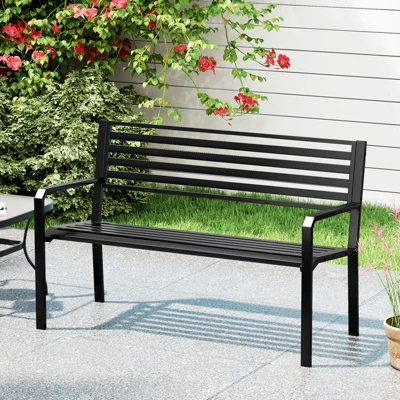Tangkula 50" Outdoor Metal Park Bench For 2-3 People W/ Armrests & Backrest For Backyard 1 Tangkula 50" Outdoor Metal Park Bench For 2-3 People W/ Armrests & Backrest For Backyard