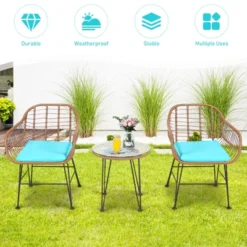 Tangkula 3PCS Patio Rattan Furniture Set With Round Tempered Glass Top Table & 2 Rattan Armchairs White/Turquoise/Red -Tangkula Shop GUEST 3069bfdc 24cd 4b7d aaa0 72da8f1b36d3