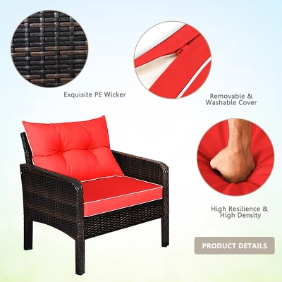 Tangkula 4 Piece Patio Conversation Set Rattan Wicker Loveseat Sofa Coffee Table & Glass Top Red/Turquoise Cushions 5 Tangkula 4 Piece Patio Conversation Set Rattan Wicker Loveseat Sofa Coffee Table & Glass Top Red/Turquoise Cushions - Image 5