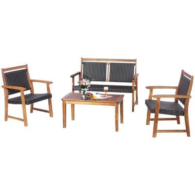 Tangkula 4PCS Patio Rattan Furniture Set Cushioned Loveseat & Table Set W/Acacia Wood Frame 3 Tangkula 4PCS Patio Rattan Furniture Set Cushioned Loveseat & Table Set W/Acacia Wood Frame - Image 3