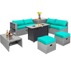 Tangkula 9 PCS Patio Furniture Set With 42" 60,000 BTU Fire Pit Outdoor Space-Saving Sectional Sofa Set With Storage Box Black/Gray/Navy/Red/Turquoise/Off White -Tangkula Shop GUEST 31749273 6e16 48ca 8732 2e73391ab8df
