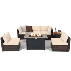 Tangkula 7PCS Patio Rattan Furniture Set Fire Pit Table Cover Cushion Beige -Tangkula Shop GUEST 3227c48c a3f1 4bf9 8231 a37a154f44b1