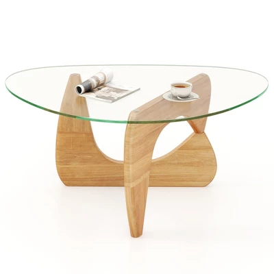 Tangkula Triangle Coffee Table W/ Tempered Glass Top & Adjustable Rubber Wood Base 9 Tangkula Triangle Coffee Table W/ Tempered Glass Top & Adjustable Rubber Wood Base - Image 9