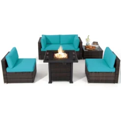 Tangkula 6 Piece Patio Wicker Conversation Set, Outdoor Rattan Sofa Set W/ 32" Propane Fire Pit Table, 50,000 BTU Heat, Tempered Glass Tabletop Black/Navy Blue/Red/Turquoise/Off White -Tangkula Shop GUEST 32430236 d3cd 41a6 b076 e828917cf2d7
