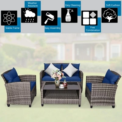 Tangkula 4PCS Rattan Furniture Set Coffee Table Cushioned Sofa Garden Lawn Patio Navy 2 Tangkula 4PCS Rattan Furniture Set Coffee Table Cushioned Sofa Garden Lawn Patio Navy - Image 2