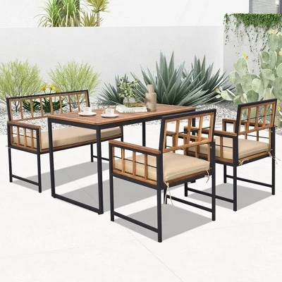 Tangkula 4 Pieces Acacia Wood Patio Dining Set W/ 1 Rectangular Table & 1 Loveseat & 2 Armchairs 3 Tangkula 4 Pieces Acacia Wood Patio Dining Set W/ 1 Rectangular Table & 1 Loveseat & 2 Armchairs - Image 3