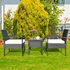 Tangkula 3 Pieces Patio Set Outdoor Wicker Rattan Furniture W/ Cushions