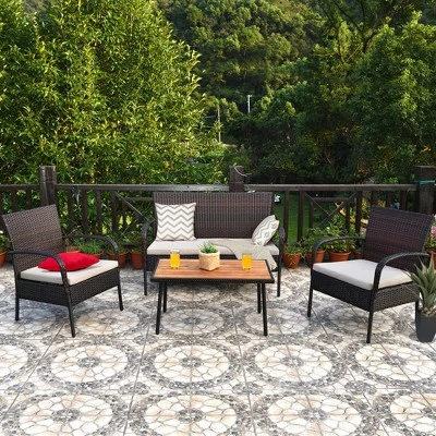 Tangkula 4PCS Cushioned Rattan Patio Conversation Set Outdoor Furniture Set 4 Tangkula 4PCS Cushioned Rattan Patio Conversation Set Outdoor Furniture Set - Image 4