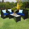 Tangkula 4 Piece Outdoor Patio Rattan Furniture Set Navy Cushioned Seat For Garden, Porch, Lawn