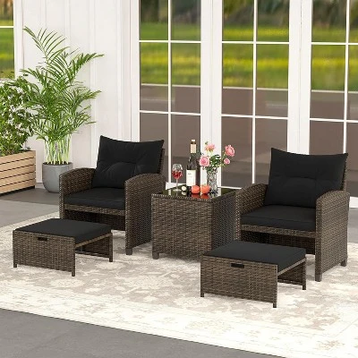 Tangkula 5-Piece Rattan Patio Furniture Set with 2 Ottomans and Coffee Table 2 Tangkula 5-Piece Rattan Patio Furniture Set with 2 Ottomans and Coffee Table - Image 2