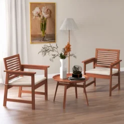 Tangkula Outdoor Hardwood Armchairs Set with Removable Off-White Cushions