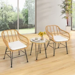 Tangkula 3 Pieces Patio Furniture Set W/Tempered Glass Coffee Table Set For Garden And Backyard White/Red/Turquoise/Grey/Black Cushions