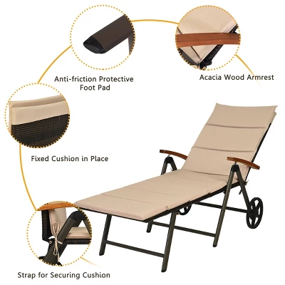 Tangkula Outdoor Rattan Wicker Lounge Chair Folding Patio Chaise W/ Wheels & Cushion 5 Tangkula Outdoor Rattan Wicker Lounge Chair Folding Patio Chaise W/ Wheels & Cushion - Image 5
