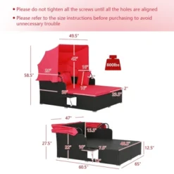 Tangkula Patio PE Wicker Daybed with Retractable Canopy and Red Cushions